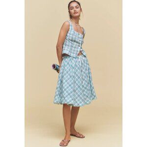 Maeve Drawstring A-Line Cotton Midi Skirt Blue Plaid XL